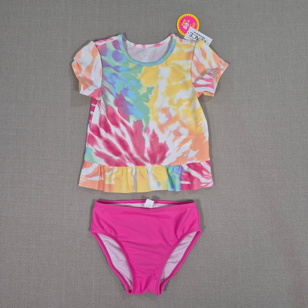 The Childrens Place Girls Tie Dye Peplum Rash Guard Swimsuit Set Pink 5T NEW